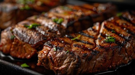 Juicy grilled steak served on a black plate, showcasing beautiful sear marks and garnished with fresh herbs.