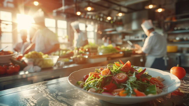 Engagierte Köche im Restaurant haben Salat auf Teller zubereitet