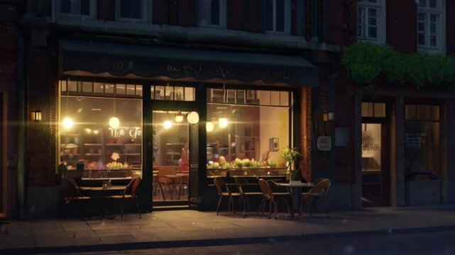 The night atmosphere of a cafe building with the lights still on on the side of the road. Seamless 4K looping timelapse video animation generated AI