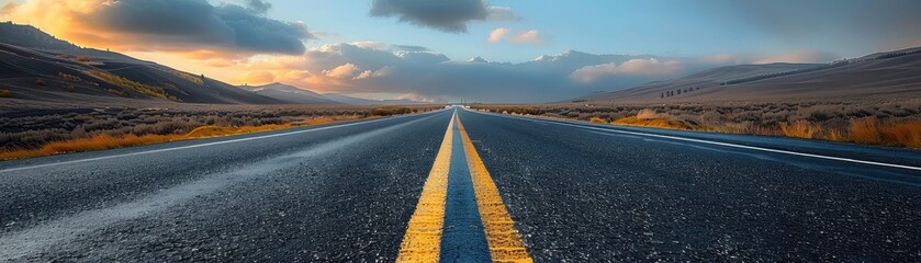 Open road at sunset with dramatic clouds, perfect for travel and adventure themes. Captures both serenity and the promise of new horizons.