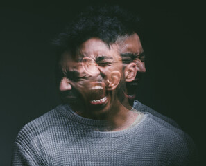 Stress, screaming and man in studio with double exposure for mental health, depression or bipolar on dark background. Illness, fear and person with ptsd for nightmare, personality or schizophrenia