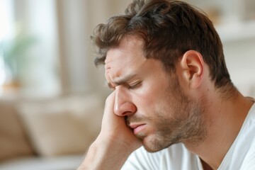 Obraz premium Worried Man in Profile View Struggling with Mental Health and Anxiety