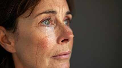 Obraz premium Facing Emotional Turmoil: Close-up Profile of a Distressed Woman with Tear-Streaked Face Reflecting Mental Struggle