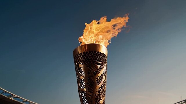 Olympic Torch with Flame Burning Against a Blue Sky