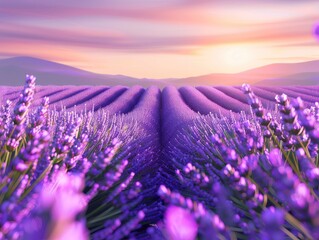 Fototapeta premium A breathtaking view of a lavender field at sunset, showcasing vibrant purple hues and serene natural beauty, perfect for relaxation themes.