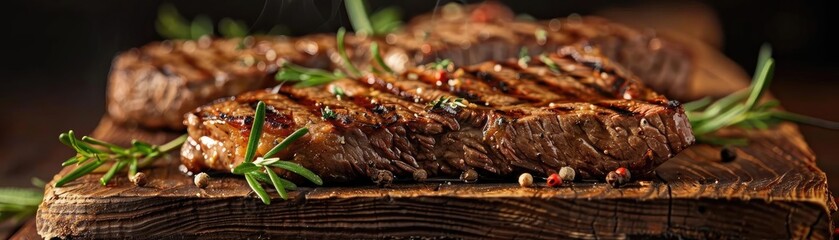 Succulent grilled steak on a wooden board, garnished with fresh herbs, showcasing an appetizing and mouth-watering presentation.