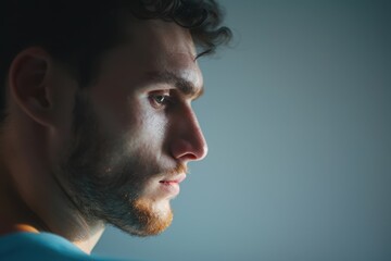 Obraz premium Contemplative man experiencing mental health struggles looks down in thought, showing symptoms of depression