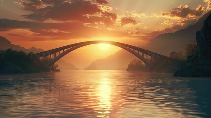 A stunning sunset over a calm river reflecting a majestic bridge, with mountains in the background bathed in warm golden light.