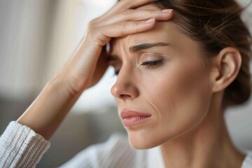 Naklejka premium Portrait of Woman in Profile Holding Head, Concept of Mental Health and Stress.
