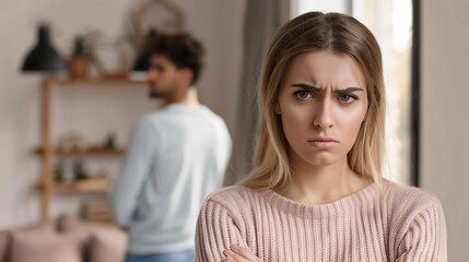 Young woman with angry expression. She is blonde with long hair, wearing a soft pink sweater. There is a dark-haired man behind her. Concept of love quarrel and disagreements in a relationship.