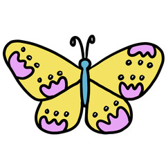 Hand drawn yellow butterfly with tulip flower pattern for animal, zoo, souvenir shop, cute patches, shirt print, brooch, plush toy, kid doll, spring, summer, nature, garden, backyard, pet, decoration