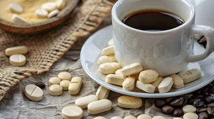 Vitamin B Complex Pills with Coffee for Energy and Focus on Desk