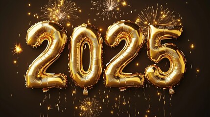 Golden foil balloons in the shape of numbers 2025 on black background with reflection.