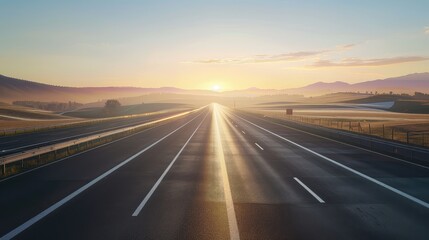 Empty highway at sunrise with beautiful sky and scenic landscape. Perfect for travel, adventure, and journey concepts.