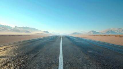 Empty, straight road perspective disappearing into a distant hazy horizon with clear blue sky and mountains at the far end.