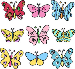 Hand drawn various butterfly designs for animal, zoo, souvenir shop, print, cute patches, shirt print, brooch, plush toy, doll, decoration, sticker, shape, standee, women fashion, accessory, picnic