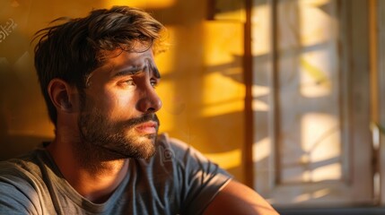 Obraz premium Troubled Man in Profile Perspective Showing Mental Health Struggles and Self-Doubt