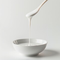 Medium shot of white thick liquid drips from spatula into a bowl, isolated on a white background, 