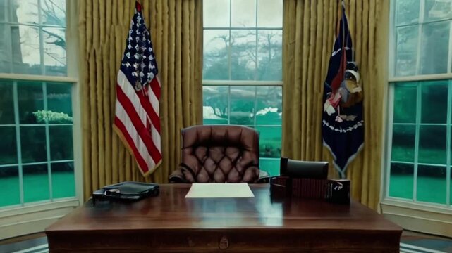 The Resolute Desk in the Oval Office with American Flags and Gold Drapes