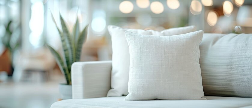 Cozy white pillow on a modern couch, perfect for interior design and home decor inspiration. Soft textures and calming ambiance.