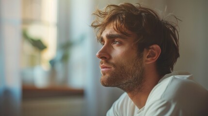 Obraz premium Portrait of a Depressed Man - Profile View of a Sad Individual Struggling with Mental Health Issues
