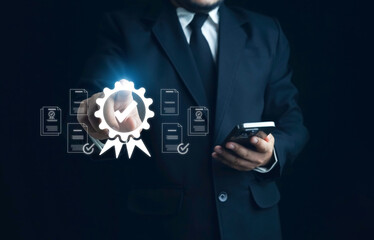 ISO standards quality control, assurance and warranty business technology concept. Touching on screen with ISO and globe icons on smart background. ISO Standard certification. Modern ISO banner.