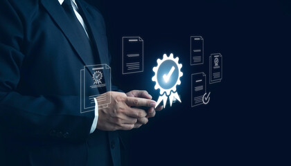 ISO standards quality control, assurance and warranty business technology concept. Touching on screen with ISO and globe icons on smart background. ISO Standard certification. Modern ISO banner.