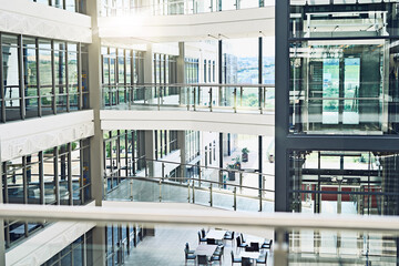 Empty, building and architecture in construction site for office, corporate company and floor. Glass wall, interior or development for property project, renovation or structure for business workplace