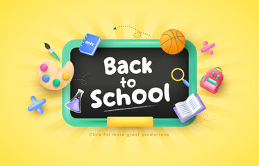 Cute back to school background with blackboard design. 3d school concept elements. Vector illustration template for banner, website and promotion.