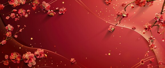 Red background, illustration gold line drawing style with small flowers on the left and right sides of the picture.