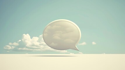 A large speech bubble floats in a bright blue sky with fluffy white clouds. The bubble is empty, ready for your message.