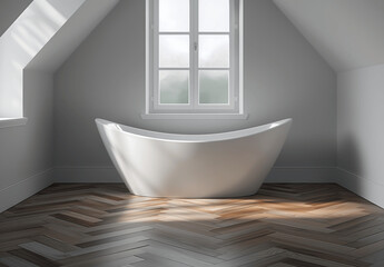 Attic bathroom with a freestanding bathtub under a bright window, showcasing natural light and a minimalist design with elegant chevron-patterned wooden flooring