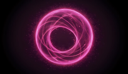 Obraz premium A ring of pink neon energy waves on a dark background with magical sparks