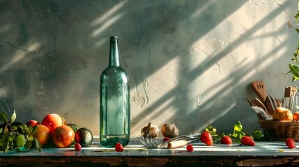 Fototapeta premium Rustic Still Life with Fresh Vegetables and Herbs on Wooden Table
