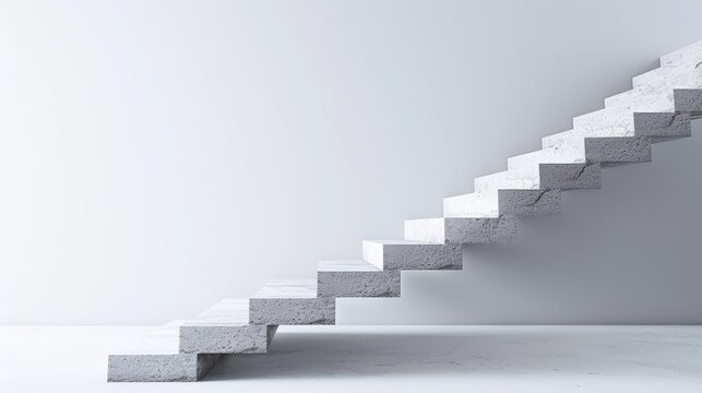 A minimalist staircase leading upwards against a blank white wall.