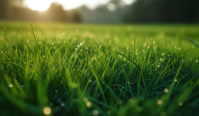 Obraz premium Lush green grass on meadow with drops of water dew in morning