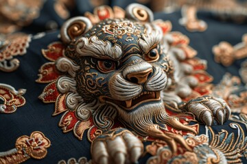 Fototapeta premium Detailed close up of colorful Tibetan snow leon embroidery on fabric tapestry, showcasing vibrant threads and intricate stitching craftsmanship