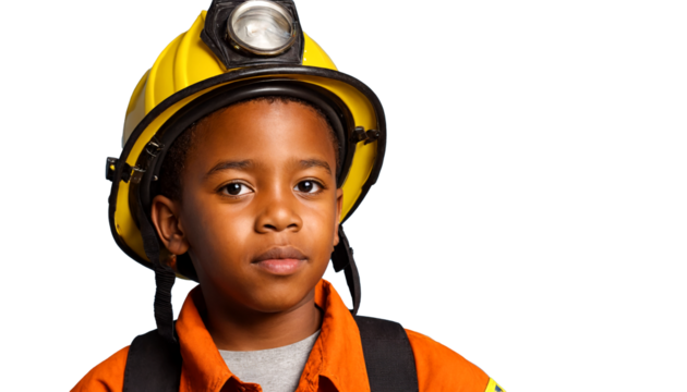 Young boy wearing a firefighter costume posing with a serious expression