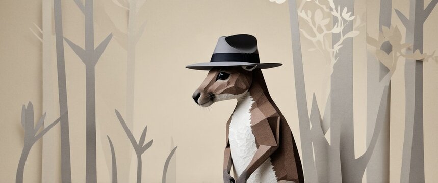 Cute Kangaroo Wearing Stylish Gray Fedora Hat on Neutral Background.