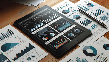 A black tablet displaying graphs and charts sits on a wooden table next to printed documents.
