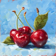 cherries in water, cherries with blue and blur background , wallpaper for food lovers 