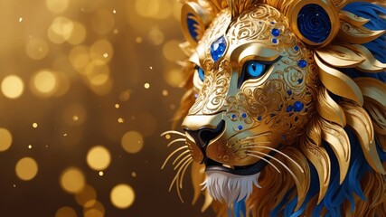 Golden lion with blue eyes, golden sparkles all around him, close up, fantasy art style, gold background.