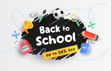 Back to school design with paint brush effect. 3d school concept elements. Vector illustration template for banner, website and promotion.