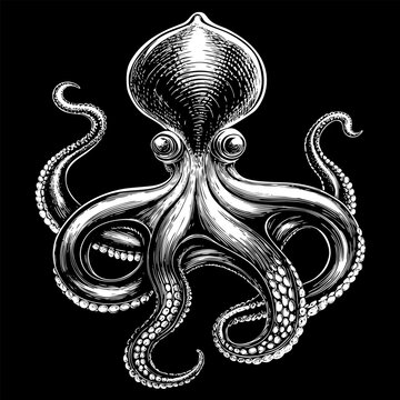 recommend clip art: A black and white drawing of an octopus with a white outline