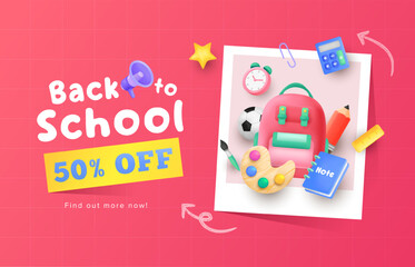 Modern back to school sale background idea. 3d school concept elements. Vector illustration template for banner, website and promotion.