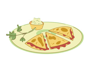 Pieces of quesadilla on a large plate. Vector hand drawn illustration.