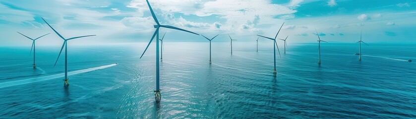 Coastal wind farm, renewable energy on the horizon, top view, sustainable power, futuristic tone, Complementary Color Scheme, copy space for text