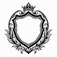 A black and white image of a crown and a shield with a leafy border