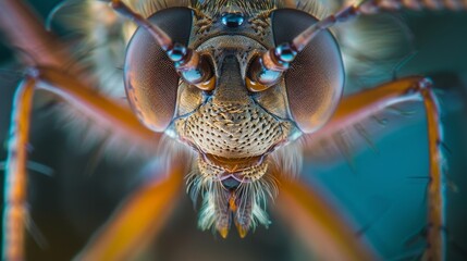 Fototapeta premium Close-up macro shot of a bug's face, showcasing intricate details and compound eyes.