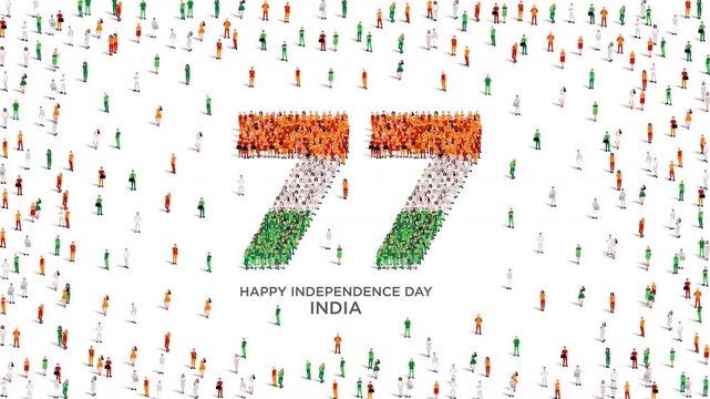 August 15 Happy Independence Day India Design. A large group of people form to create the number 77 as India celebrates its 77th National Day on the 15th of August.